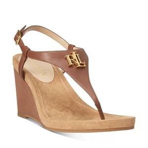 Lauren Ralph Lauren Size 7B Women's Jeannie Wedge Thong Sandal Logo Brown-Tan